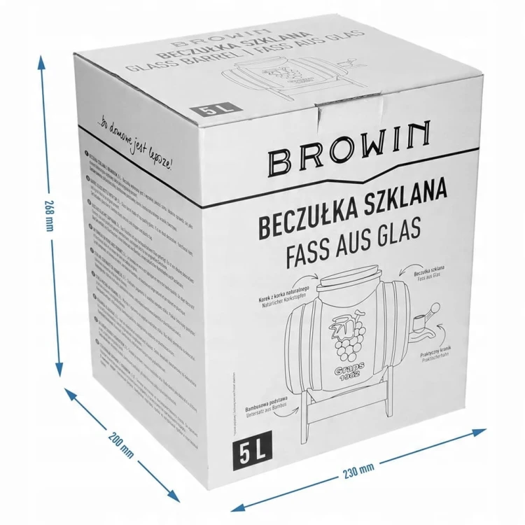 Beczka Beczułka 5 L szklana, z szerokim wlewem, korkiem, podstawką i kranik