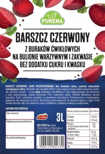 Barszcz czerwony z buraków ćwikłowych na bulionie i zakwasie PURENA 3 L