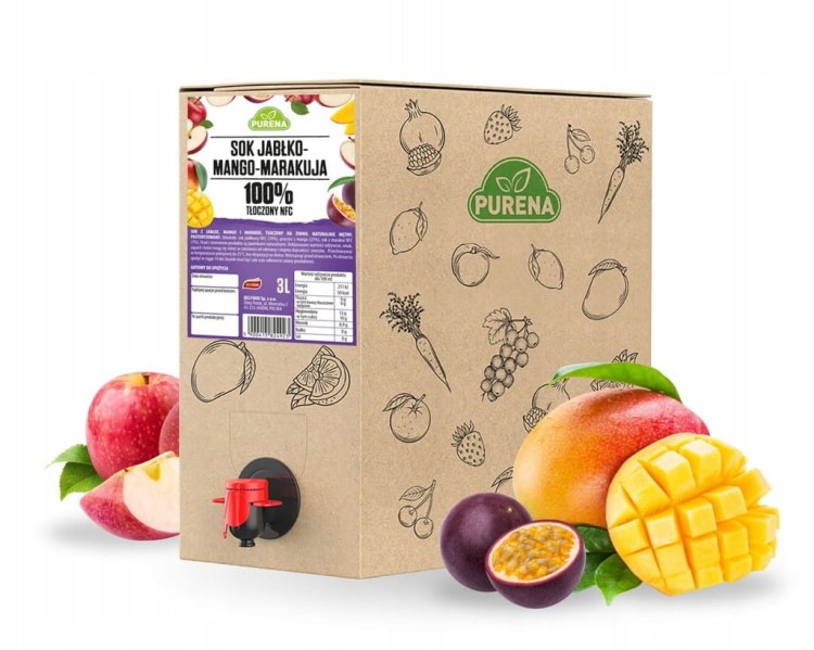 Orzeźwiający sok jabłko-mango-marakuja 100% tłoczony NFC PURENA 3 L