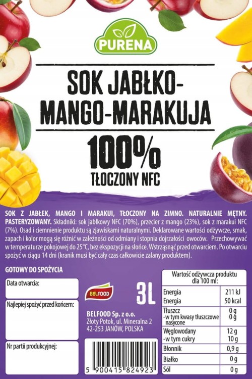 Orzeźwiający sok jabłko-mango-marakuja 100% tłoczony NFC PURENA 3 L