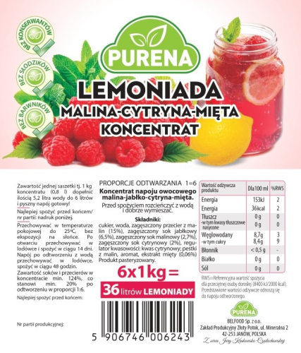 Lemoniada malina-cytryna-mięta koncentrat syrop baza PURENA 1kg na 6l