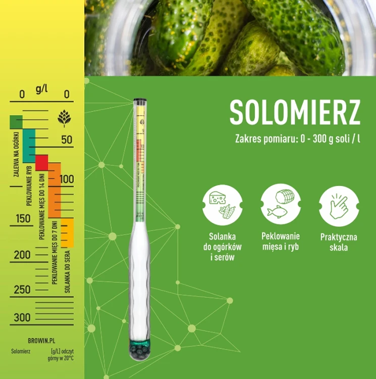 Solomierz nietłukący z probówką, zakres pomiaru: 0-300 g soli/L