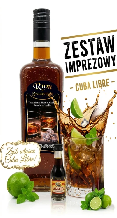 ZESTAW IMPREZOWY do stworzenia drinka CUBA LIBRE-  Prestige RUM JAMAICA  20ml +BUTELKA JACK 0,7l+ Etykieta rum
