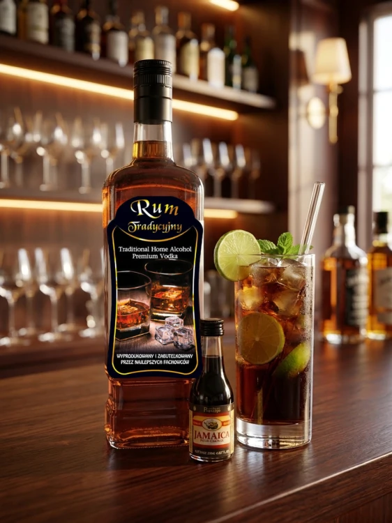 ZESTAW IMPREZOWY do stworzenia drinka CUBA LIBRE-  Prestige RUM JAMAICA  20ml +BUTELKA JACK 0,7l+ Etykieta rum