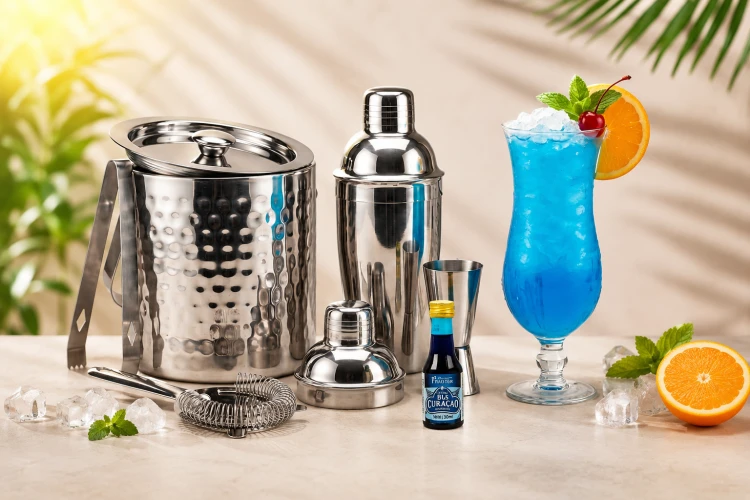 Zestaw barmański (shaker, miarka)  + Wiaderko na lód +Prestige CURACAO BLUE 20 ml