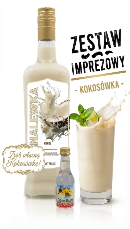 ZESTAW IMPREZOWY do stworzenia nalewki  zaprawka Prestige Coco RUM 20ml +Butelka JACK 0,7l + Etykieta kokos