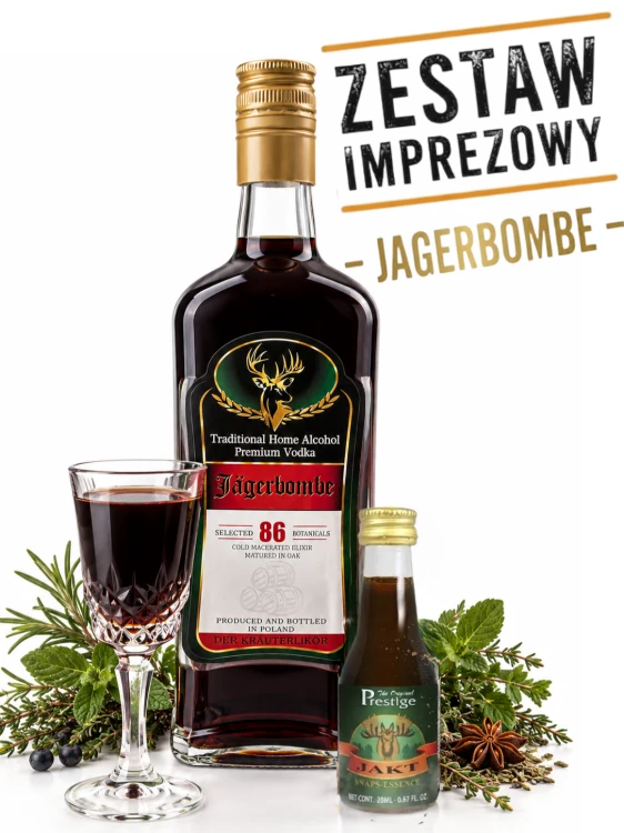 ZESTAW IMPREZOWY do stworzenia drinka JAGERBOMBE Jakt Snaps 20 ml + Butelka .JACK 0,7l + Etykieta  jagerbombe 20 ml