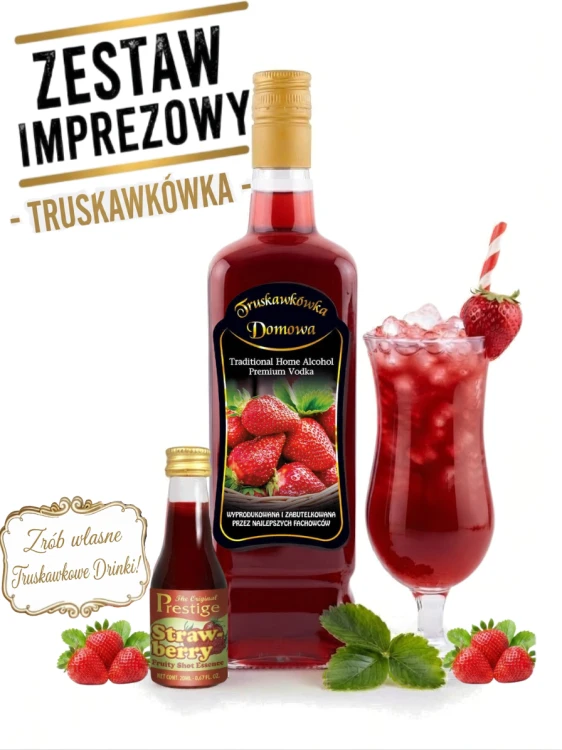 ZESTAW IMPREZOWY do stworzenia drinka TRUSKAWKÓWKA- Strawberry Fruity Shot +BUTELKA JACK 0,7l+ Etykieta truskawka